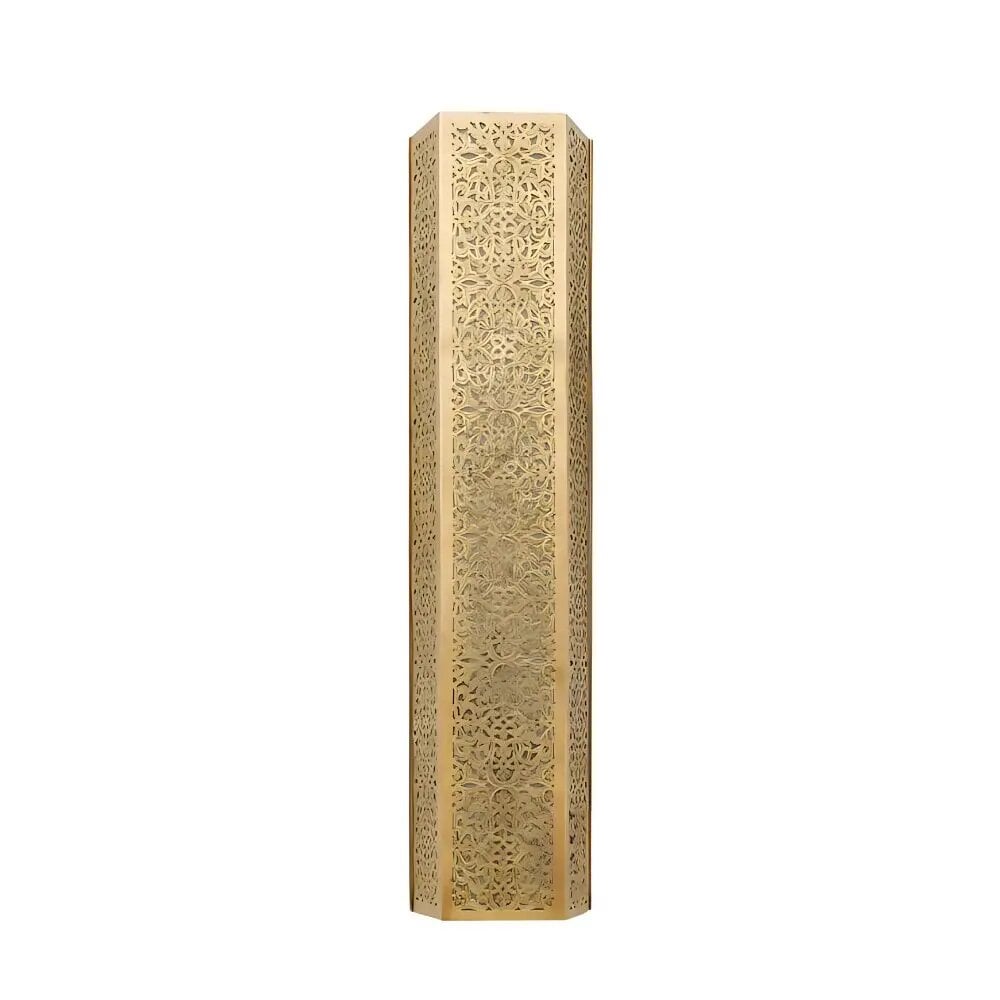 Engraved brass wall light with hexagonal shape and intricate filigree patterns in polished gold finish