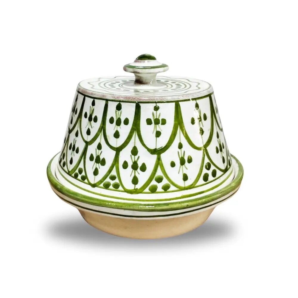 Handpainted olive green ceramic casserole dish with Safi arch pattern and decorative lid on white background