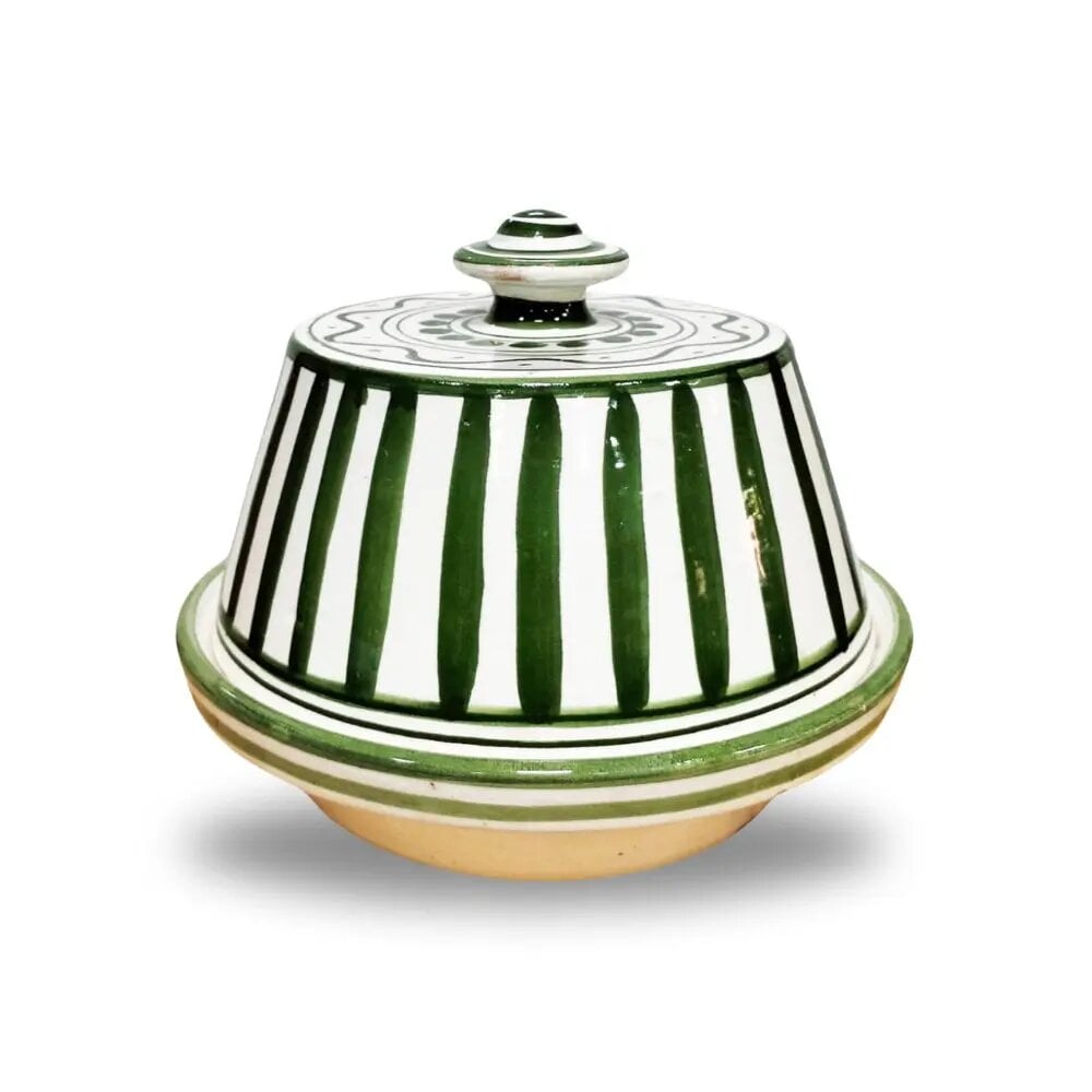 Green striped handcrafted ceramic tagine with conical lid, traditional Moroccan cookware with geometric patterns Green striped handcrafted ceramic tagine with conical lid, traditional Moroccan cookware with geometric patterns