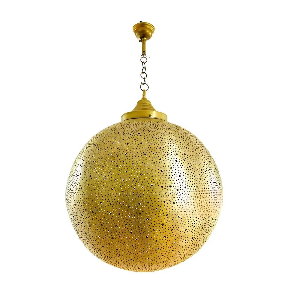 Engraved brass globe pendant with hand-perforated Moroccan design hanging from chain on white background Engraved brass globe pendant with hand-perforated Moroccan design hanging from chain on white background