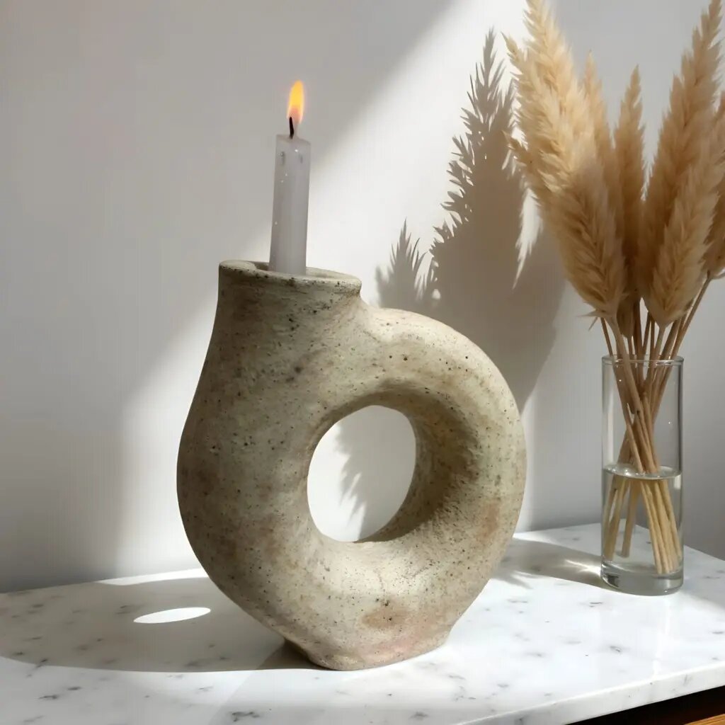Handcrafted ceramic candle holder with organic ring shape, speckled texture, white taper candle, modern minimalist decor