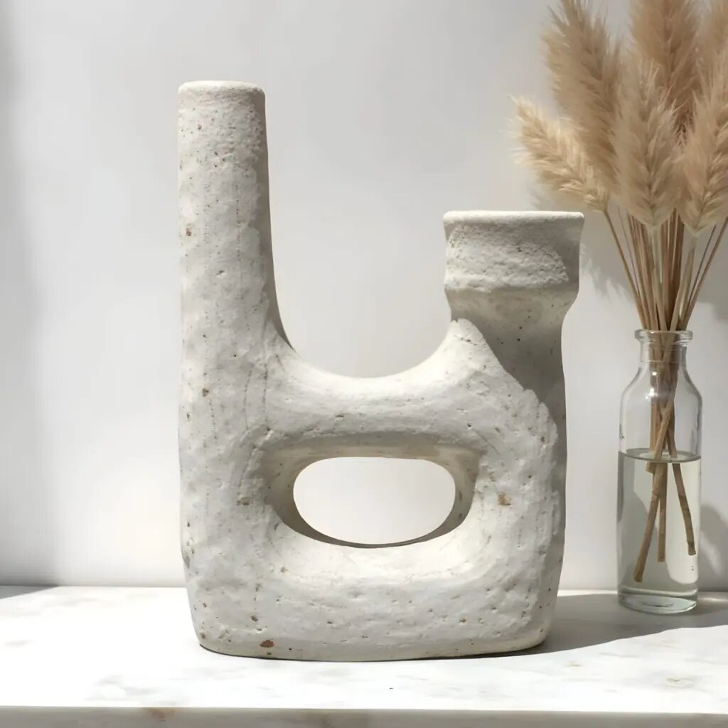 Tamegroute ceramic candle holders 30cm in white sculptural design with dual openings and textured finish