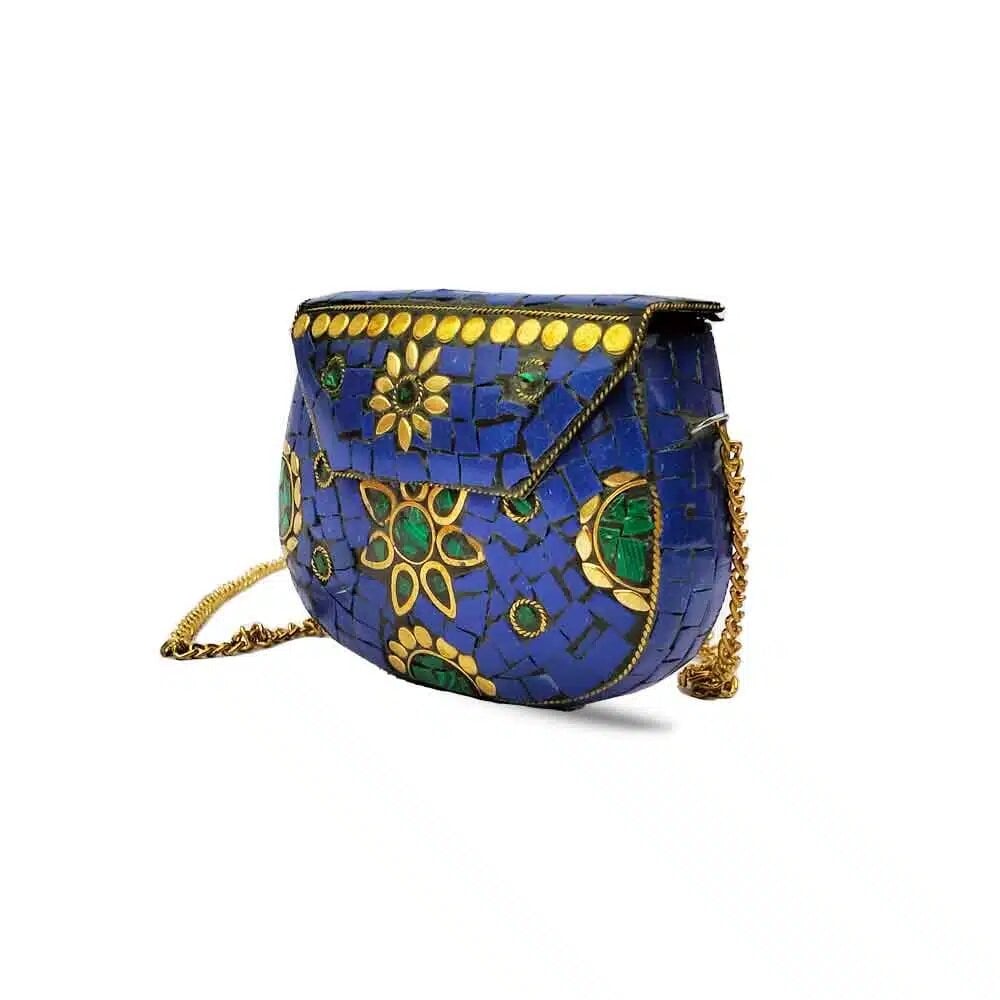 Blue mosaic clutch with gold chain and green stone inlays, handcrafted evening purse with intricate tile work