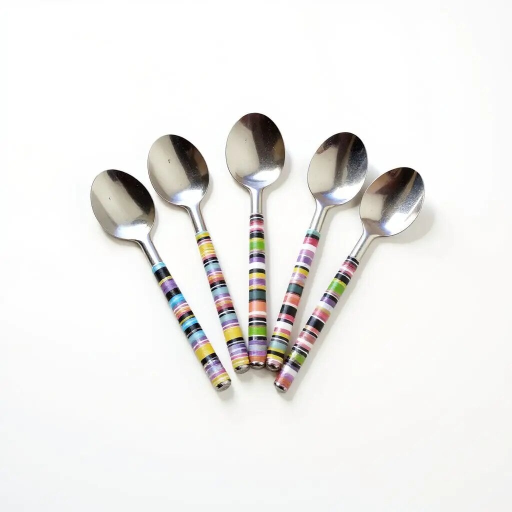 Handmade ceramic tea spoons with colorful striped handles, set of 5 stainless steel dessert spoons on white background