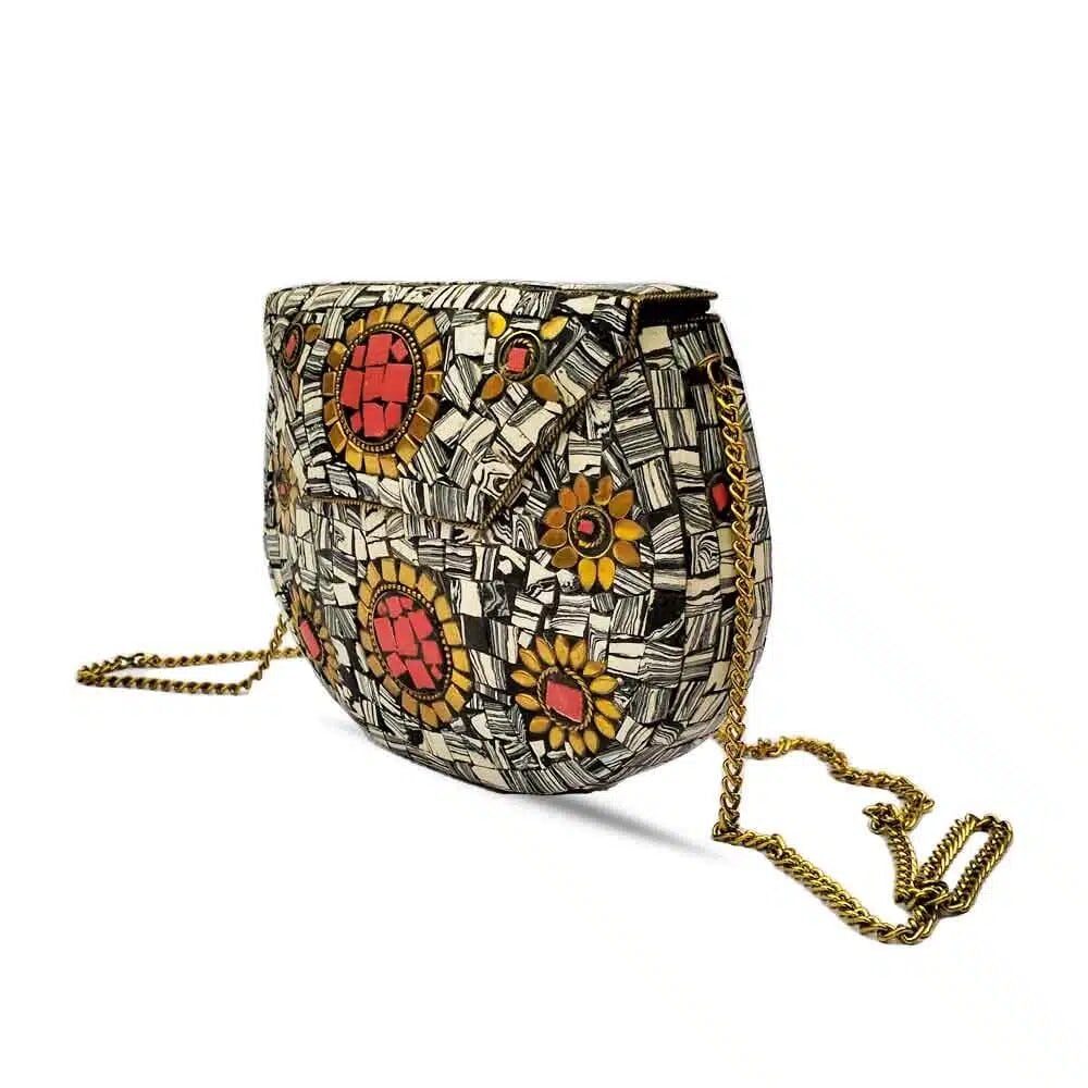 Handmade African print mosaic accessories 7.5" purse with coral floral pattern and gold chain strap