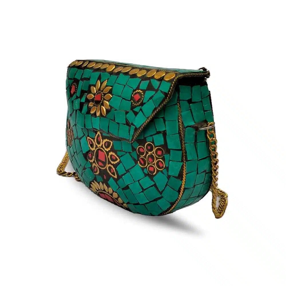 Handmade green mosaic accessories 5.5" purse with red stone floral embellishments and gold chain strap