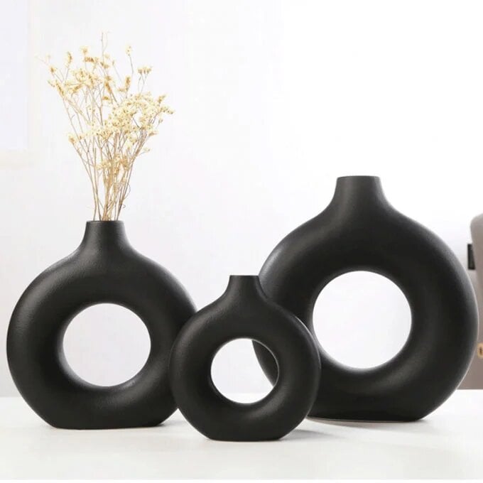 Black matte ceramic donut vase set of three with dried flowers, handmade Moroccan pottery for modern home decor