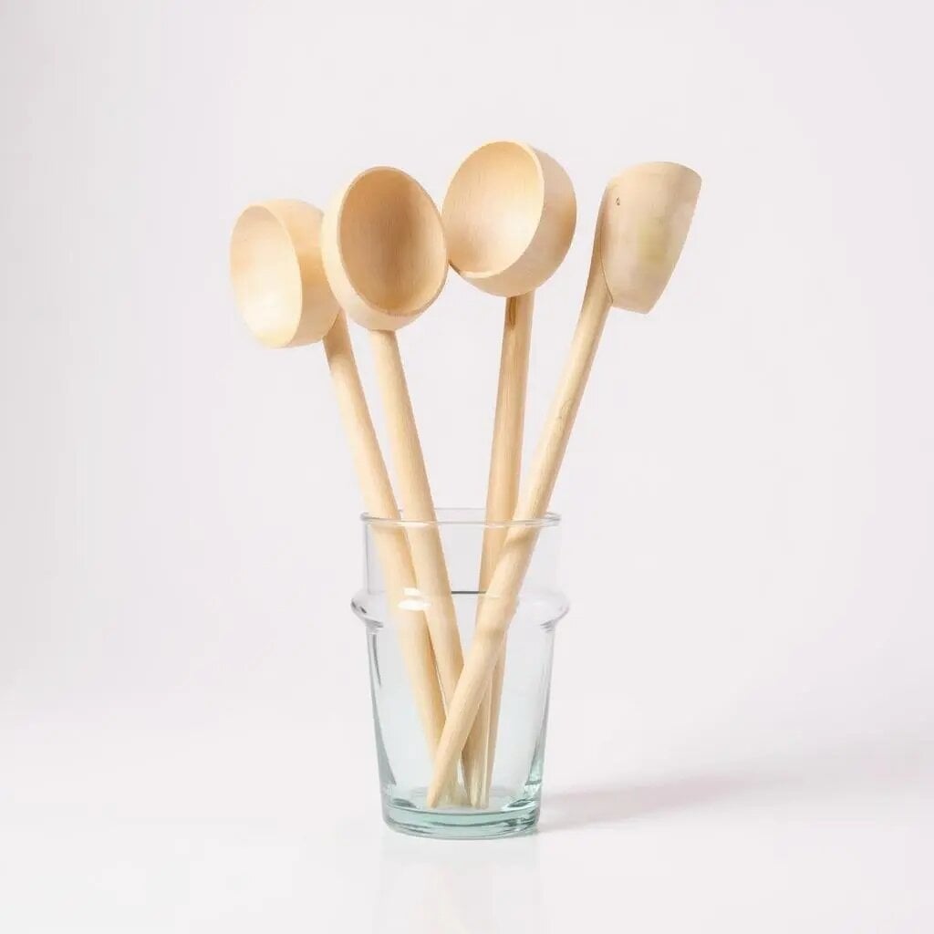 Hand-carved olive wood soup spoons in glass holder, natural finish, Moroccan kitchen set of 4 wooden utensils Hand-carved olive wood soup spoons in glass holder, natural finish, Moroccan kitchen set of 4 wooden utensils