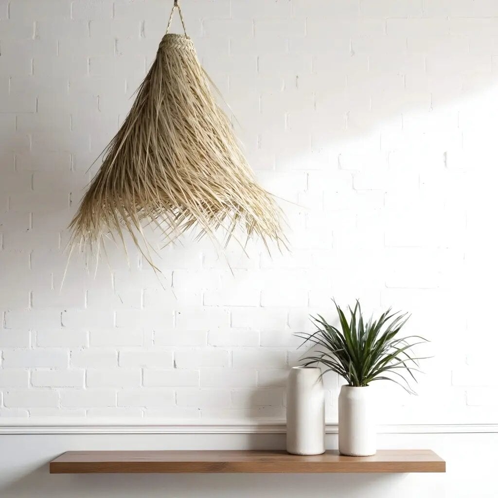Handwoven palm leaf pendant light with conical shape hung over wooden shelf with white vases on brick wall Handwoven palm leaf pendant light with conical shape hung over wooden shelf with white vases on brick wall