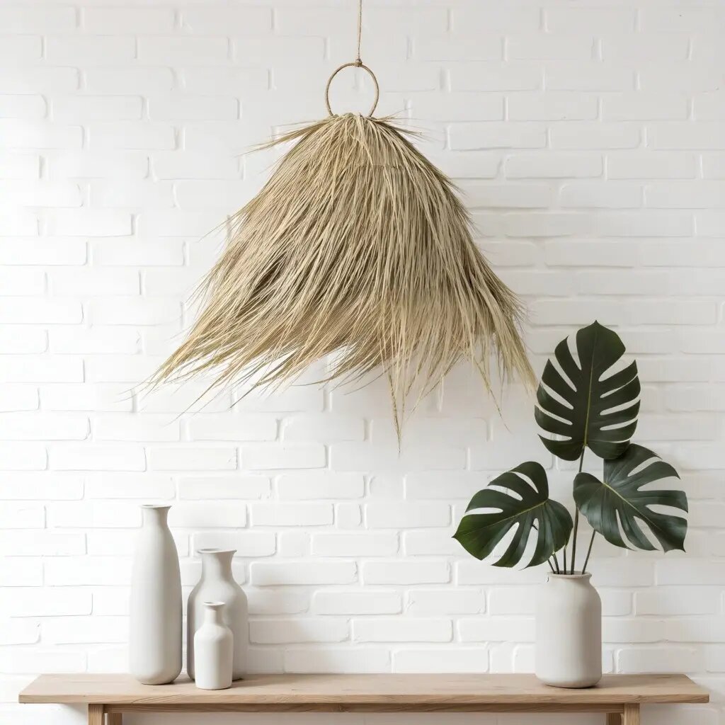 Handwoven palm leaf pendant light with natural straw fibers creating bohemian ambiance above console table Handwoven palm leaf pendant light with natural straw fibers creating bohemian ambiance above console table