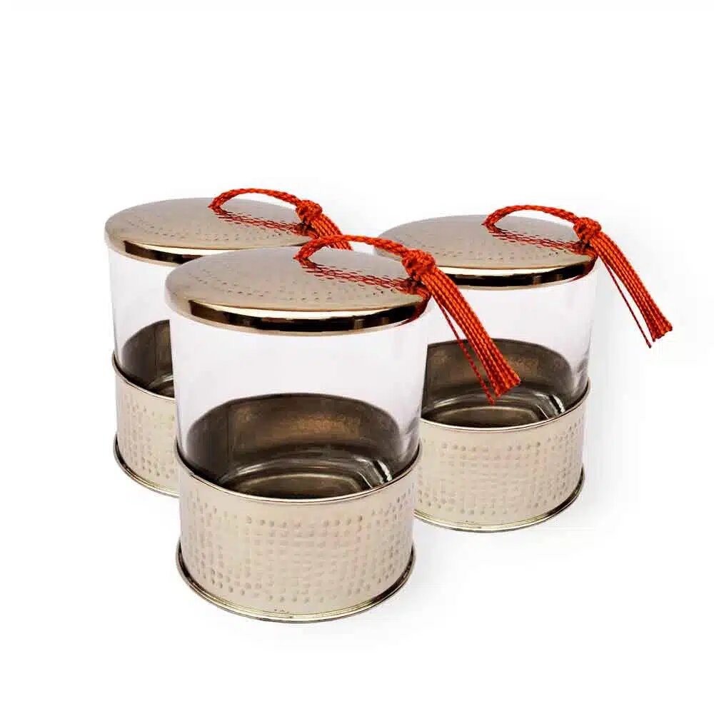 Moroccan Set of 3 Hand Hammered Glass Jars with Brass Lid - Gold & Silver