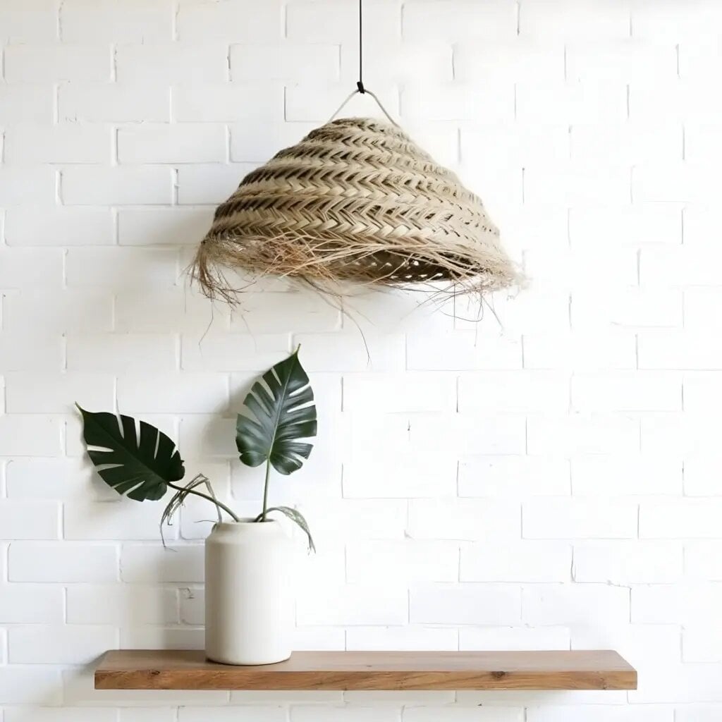 Handwoven straw lighting pendant with herringbone pattern and frayed edge on white brick wall with tropical plant