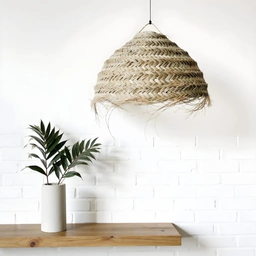 Handwoven straw chandelier with herringbone pattern and frayed edge over wooden shelf in minimalist interior