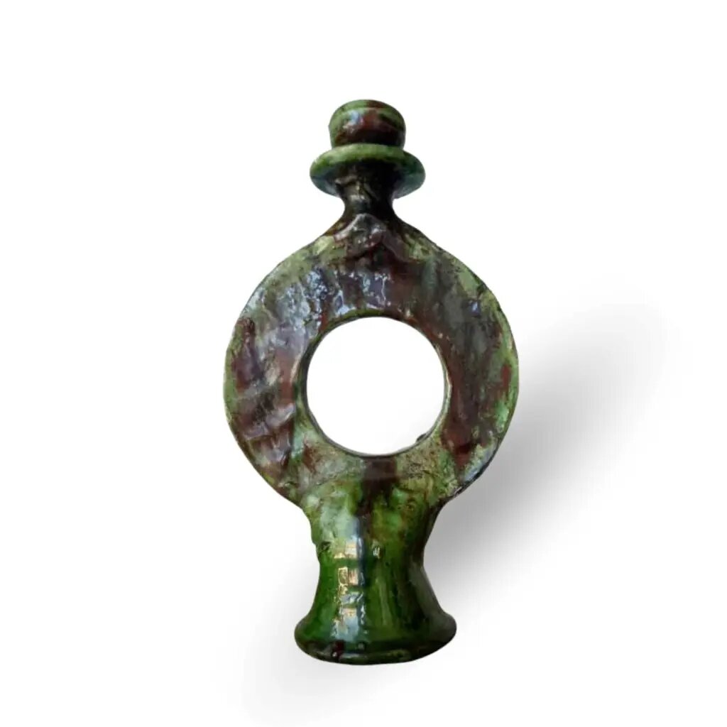 Round ceramic candle 11.8" handmade green Tamegroute pottery with central hole and stacked finial top Round ceramic candle 11.8" handmade green Tamegroute pottery with central hole and stacked finial top