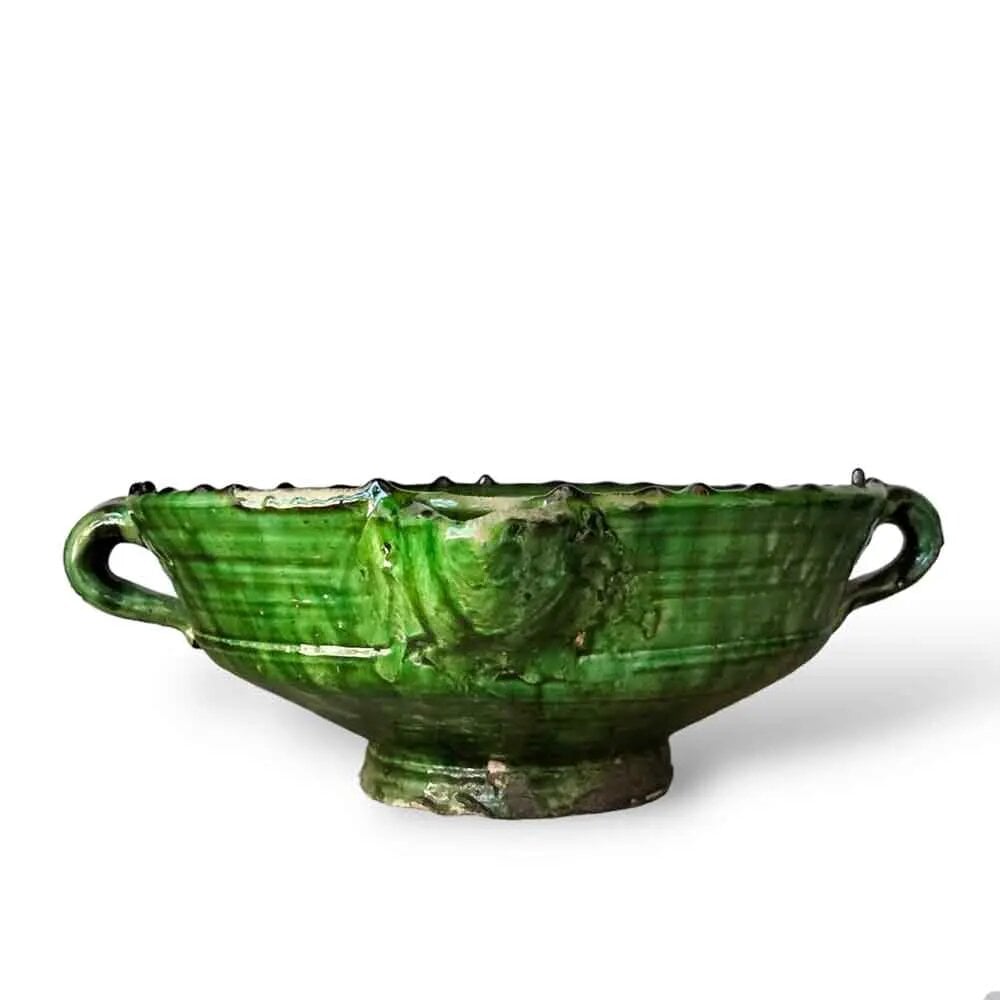 Large handmade green ceramic bowl with handles, Tamegroute glaze, 12 inch footed serving dish with rustic finish