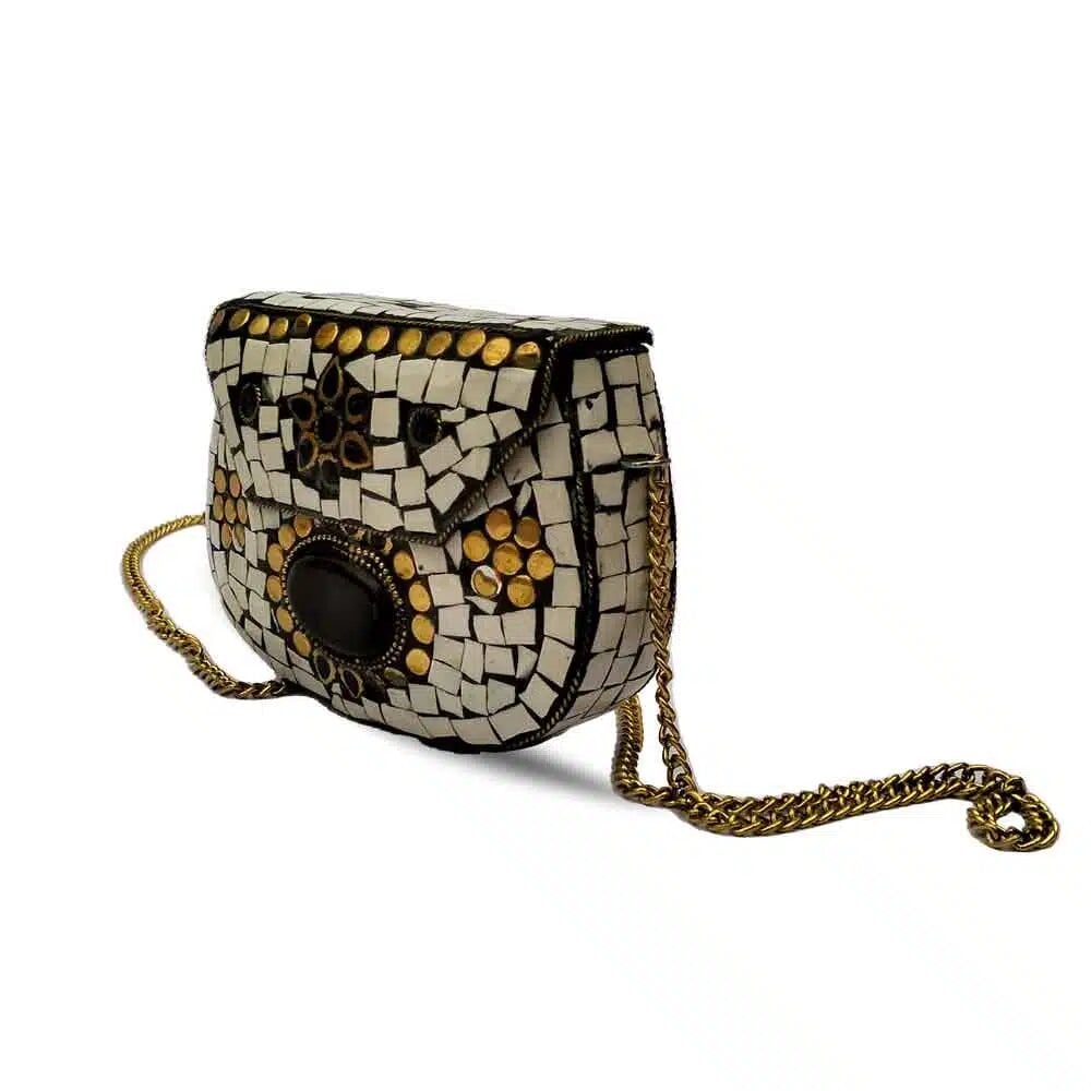 Handmade white mosaic accessories purse with gold accents and black stone centerpiece on gold chain