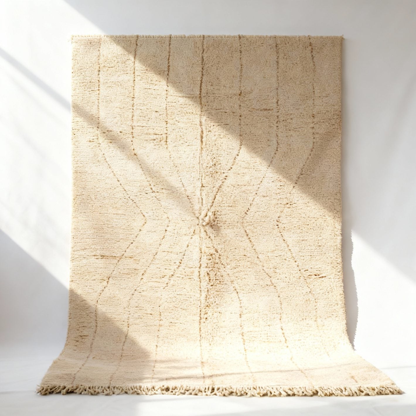 Ivory boho Moroccan rug with geometric Berber pattern in natural wool, draped against white wall Ivory boho Moroccan rug with geometric Berber pattern in natural wool, draped against white wall