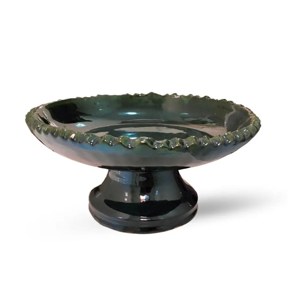 Handcrafted tamegroute ceramic cake stand with deep teal glaze and scalloped rope edge detail on pedestal base