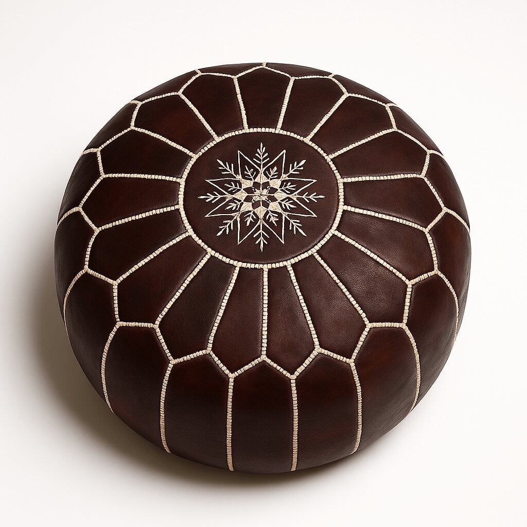 Dark brown leather round pouf with handcrafted white embroidered star design and geometric stitching