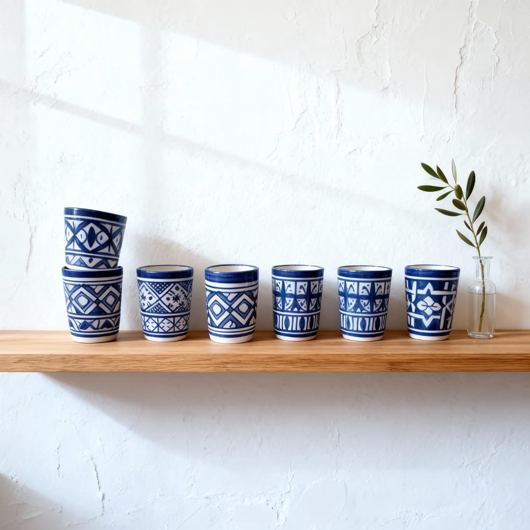 Six handpainted blue and white ceramic cups displayed on wooden shelf showing different geometric patterns