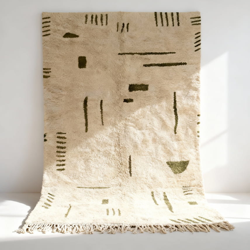 Modern Moroccan Berber rug featuring geometric olive pattern on handwoven cream visible