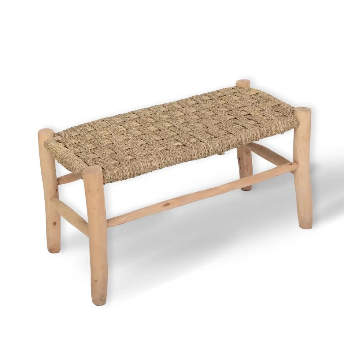 Handwoven palm leaf bench with natural wood frame and basket-weave pattern in beige tones Handwoven palm leaf bench with natural wood frame and basket-weave pattern in beige tones