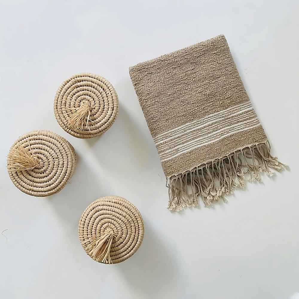 Handwoven Moroccan Raffia Bathroom Containers, Set of 3 with Lids Handwoven Moroccan Raffia Bathroom Containers, Set of 3 with Lids