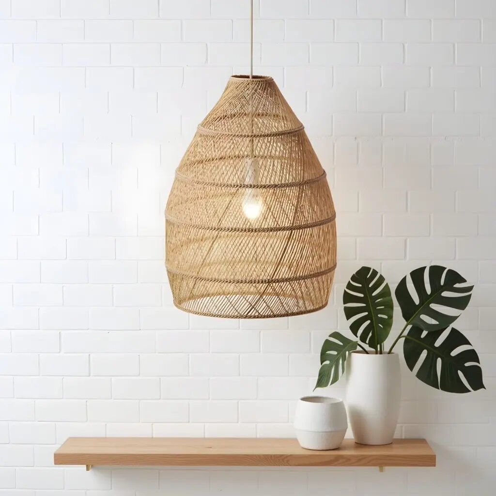 14" handwoven raffia lighting pendant with herringbone pattern over white subway tile and wood shelf 14" handwoven raffia lighting pendant with herringbone pattern over white subway tile and wood shelf