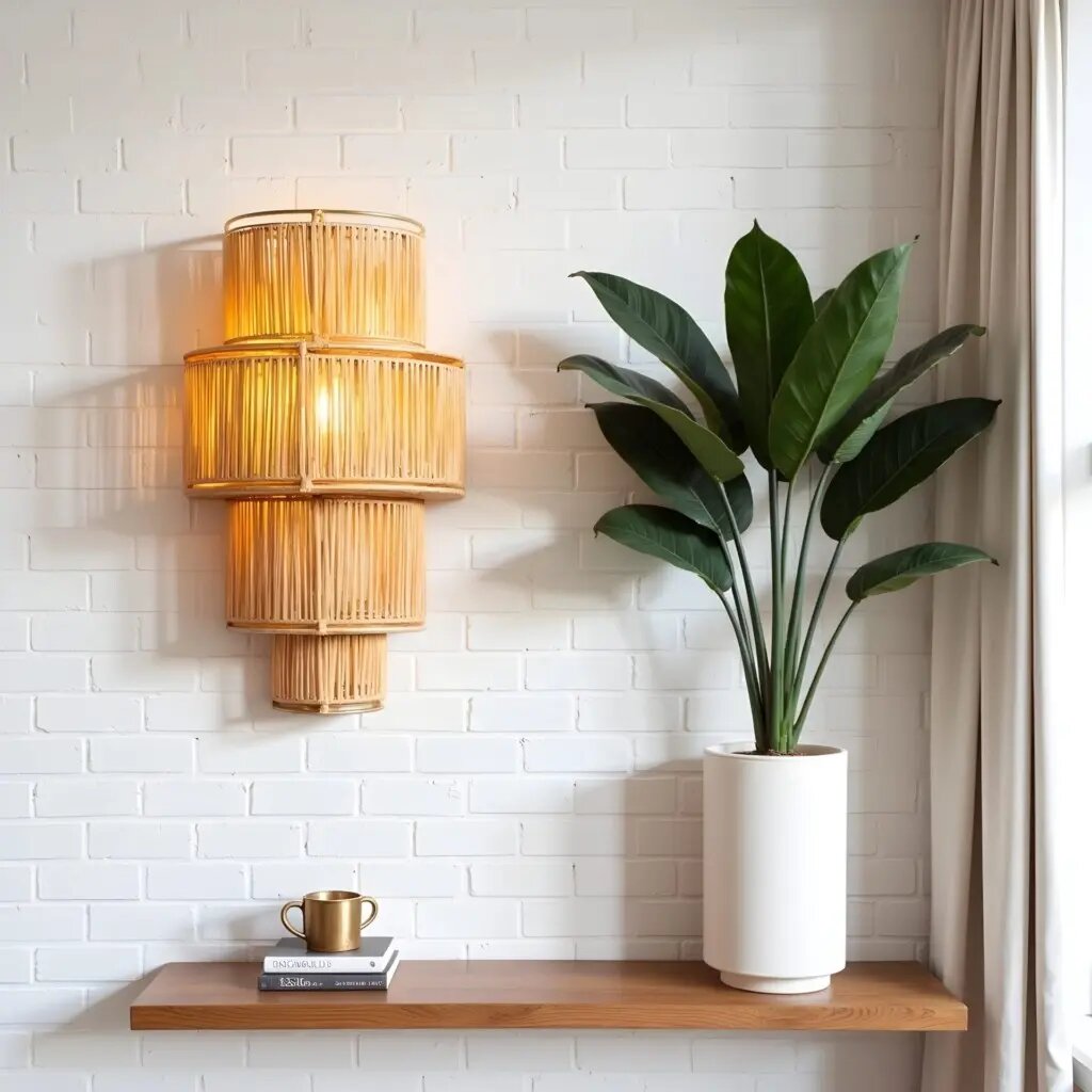Handwoven raffia wall sconce with four tiers displayed on white brick wall with modern decor and green plant Handwoven raffia wall sconce with four tiers displayed on white brick wall with modern decor and green plant