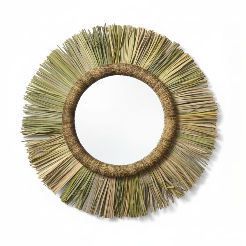 Round handwoven boho mirror with natural grass sunburst design, 30cm diameter bohemian wall decor Round handwoven boho mirror with natural grass sunburst design, 30cm diameter bohemian wall decor