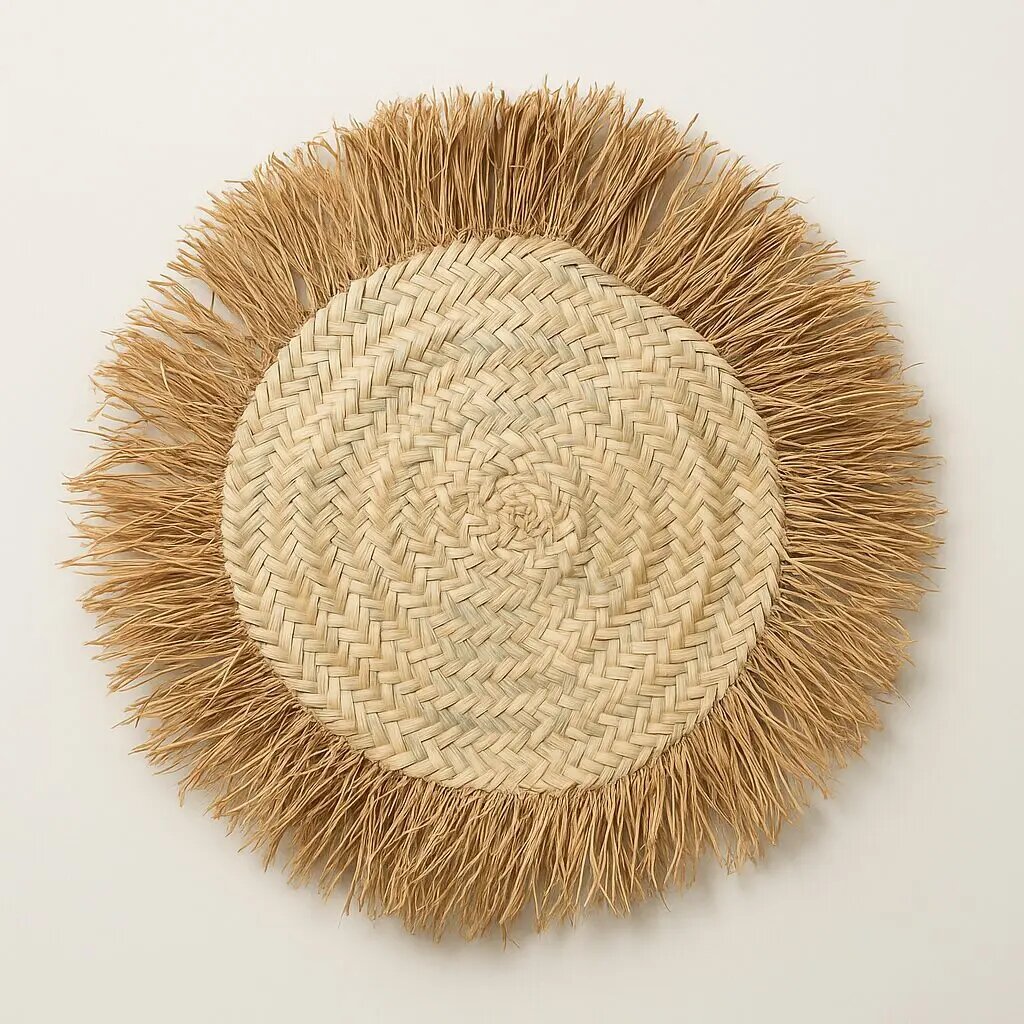 Round raffia placemat with golden fringe tassels and herringbone weave pattern, handmade natural straw fibers