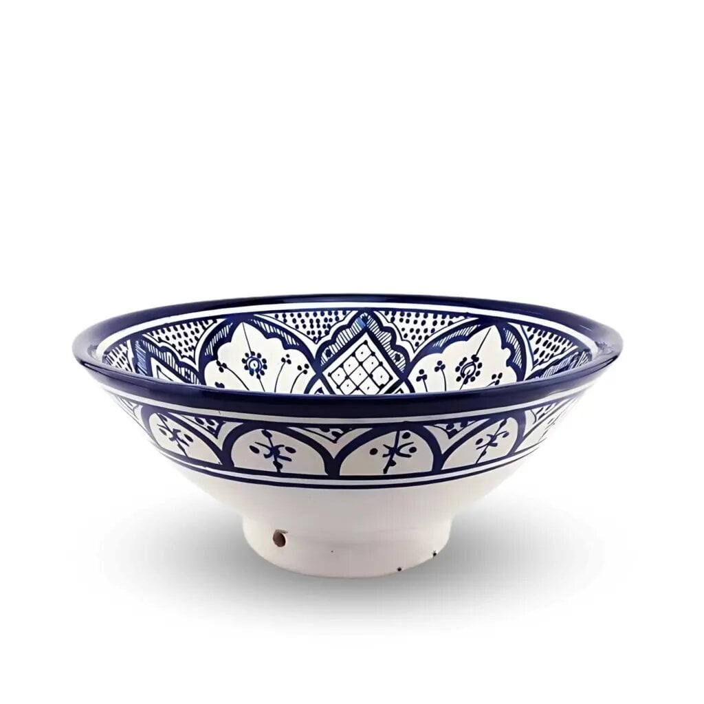 Hand-painted ceramic bowl with intricate navy blue floral patterns on white glaze, artisan serving dish 9.8 inch Hand-painted ceramic bowl with intricate navy blue floral patterns on white glaze, artisan serving dish 9.8 inch