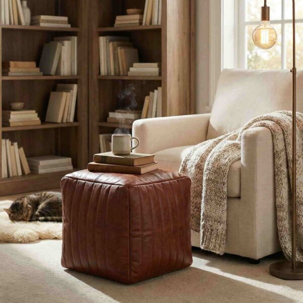 Channel stitched leather cube ottoman serving as a side table with books and a mug in a cozy reading nook Channel stitched leather cube ottoman serving as a side table with books and a mug in a cozy reading nook