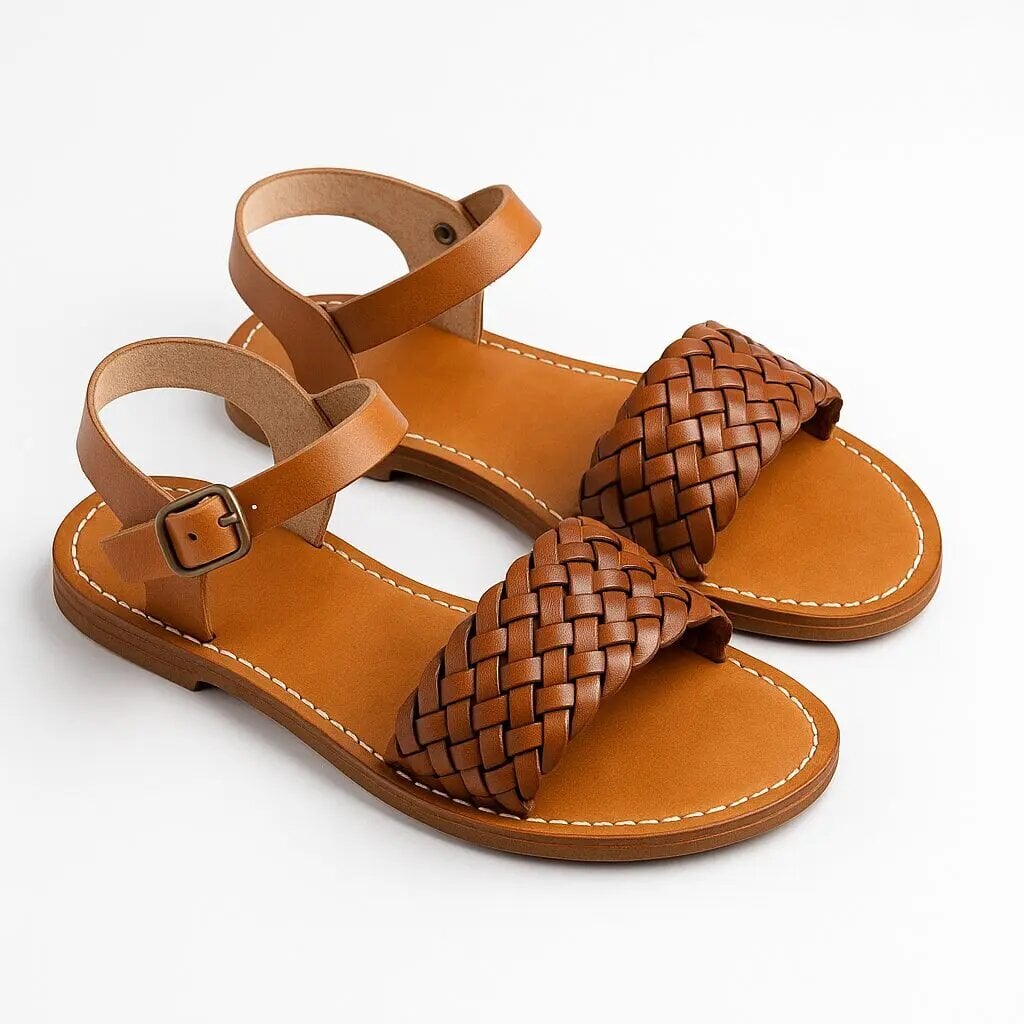 Handmade tan woven leather sandals with intricate basket-weave toe strap and adjustable buckle ankle strap Handmade tan woven leather sandals with intricate basket-weave toe strap and adjustable buckle ankle strap