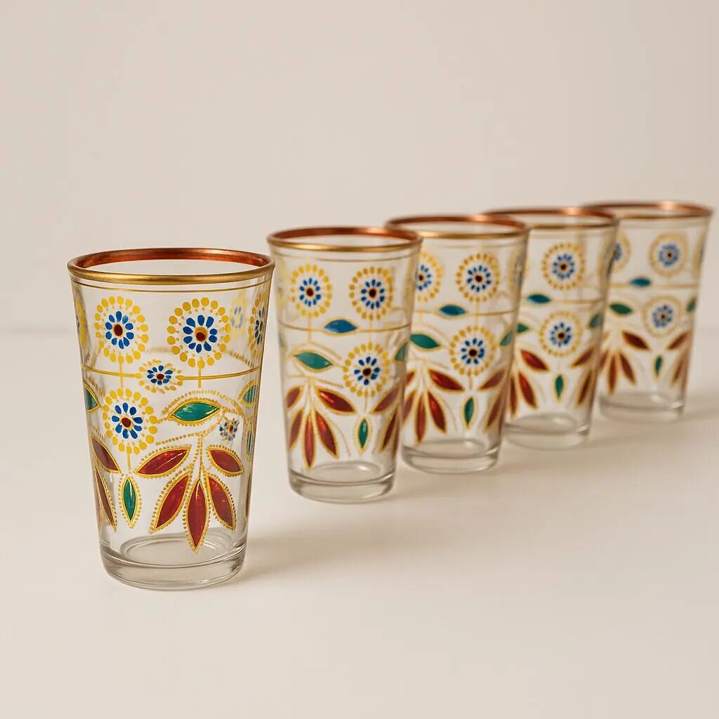 Six floral tea glasses with gold rim lined on neutral background, showing hand-painted enamel motifs in blue, burgundy, Six floral tea glasses with gold rim lined on neutral background, showing hand-painted enamel motifs in blue, burgundy, and green