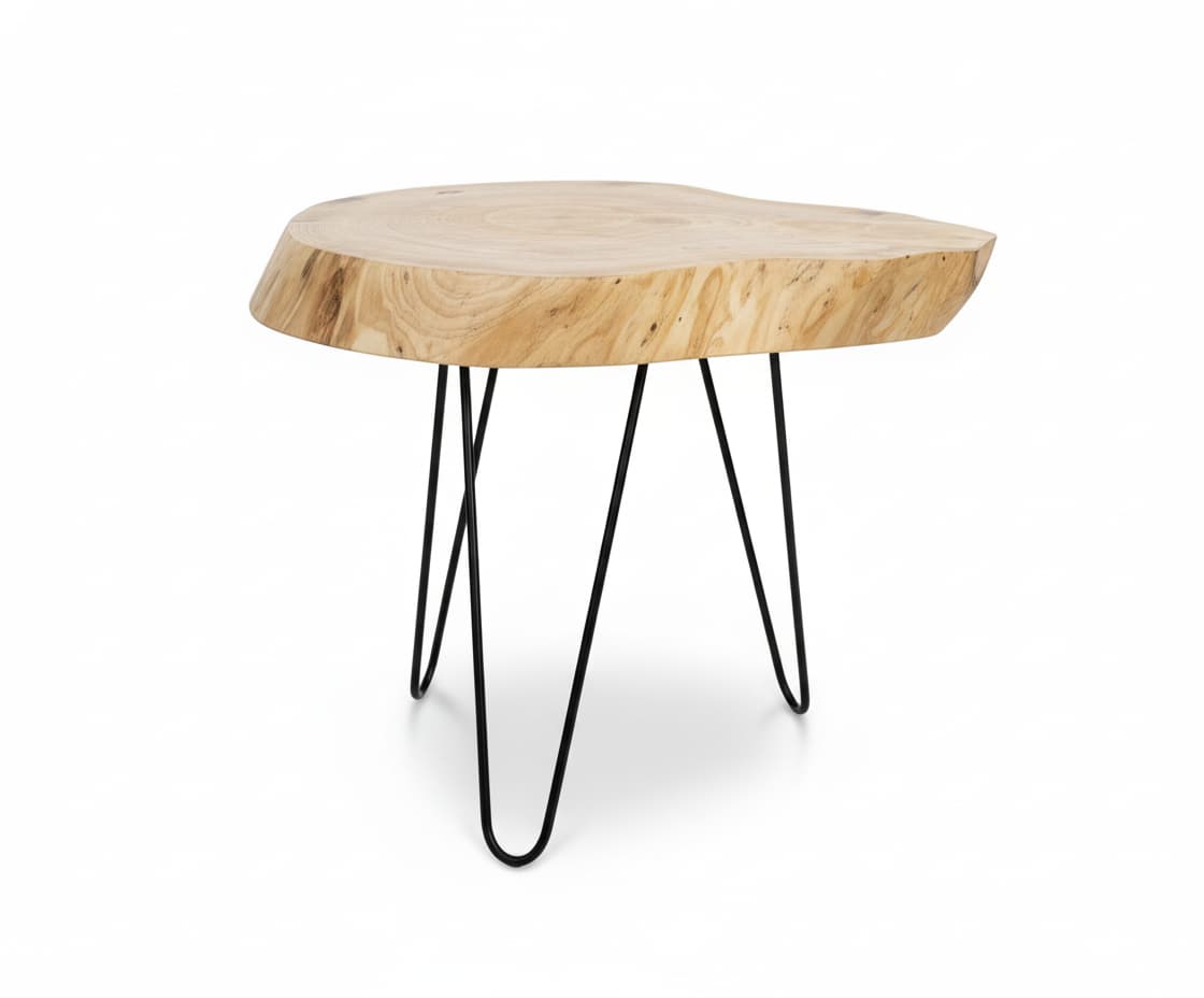 Natural wood live edge coffee table with black hairpin legs showing organic grain patterns