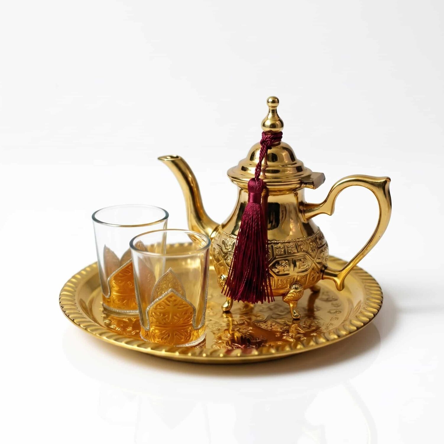 A shiny brass mini tea set for two featuring an ornate teapot with a red tassel and two decorated tea glasses, displayed A shiny brass mini tea set for two featuring an ornate teapot with a red tassel and two decorated tea glasses, displayed on an engraved golden tray against a pure white background.
