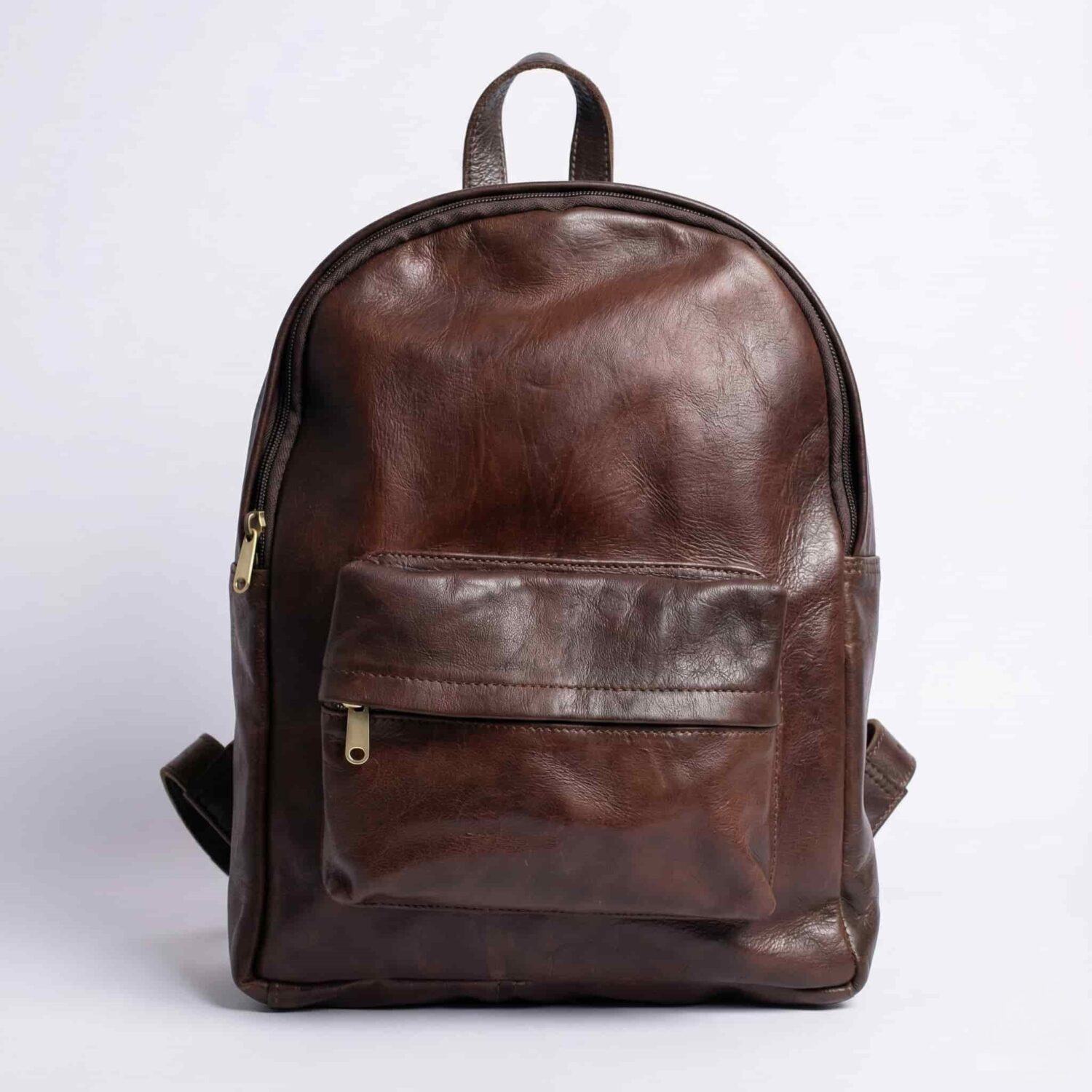 Dark brown minimalist leather backpack front view on white background with brass zipper