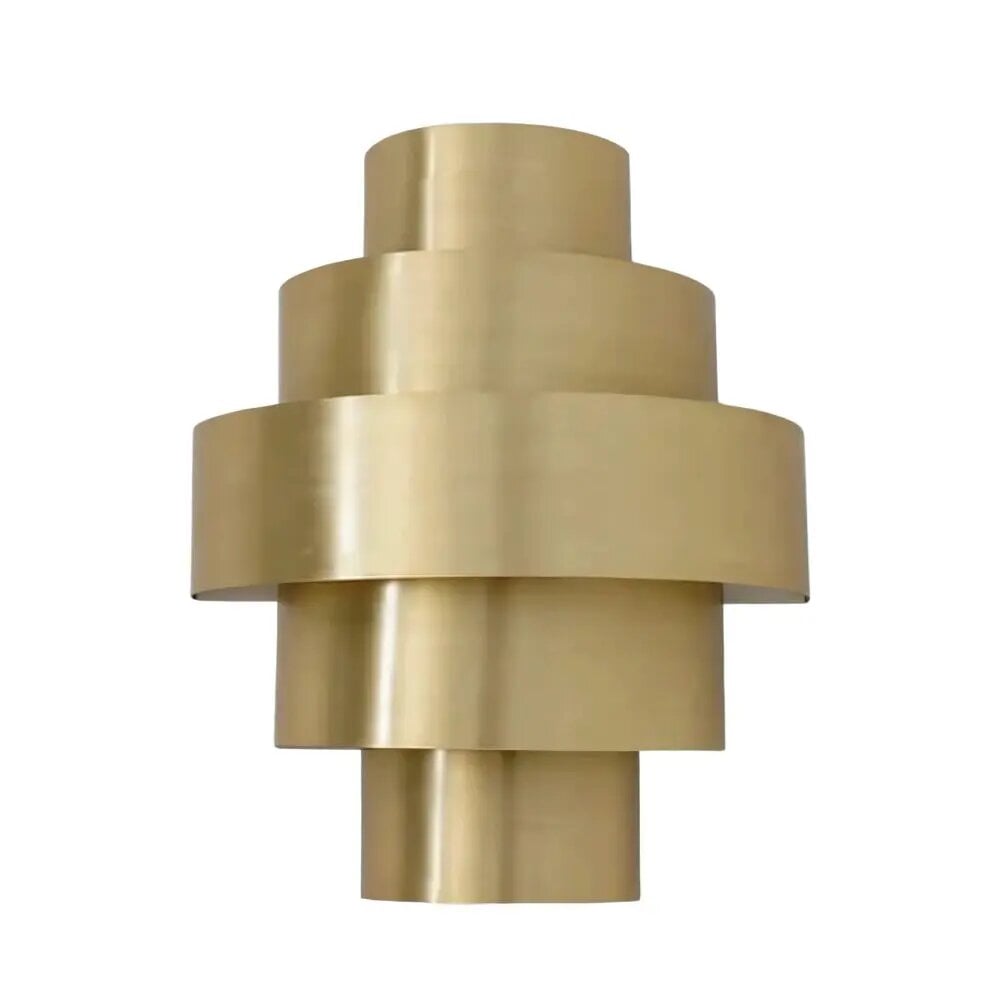 Art Deco brass wall light with five-tier geometric design in brushed gold finish against white background