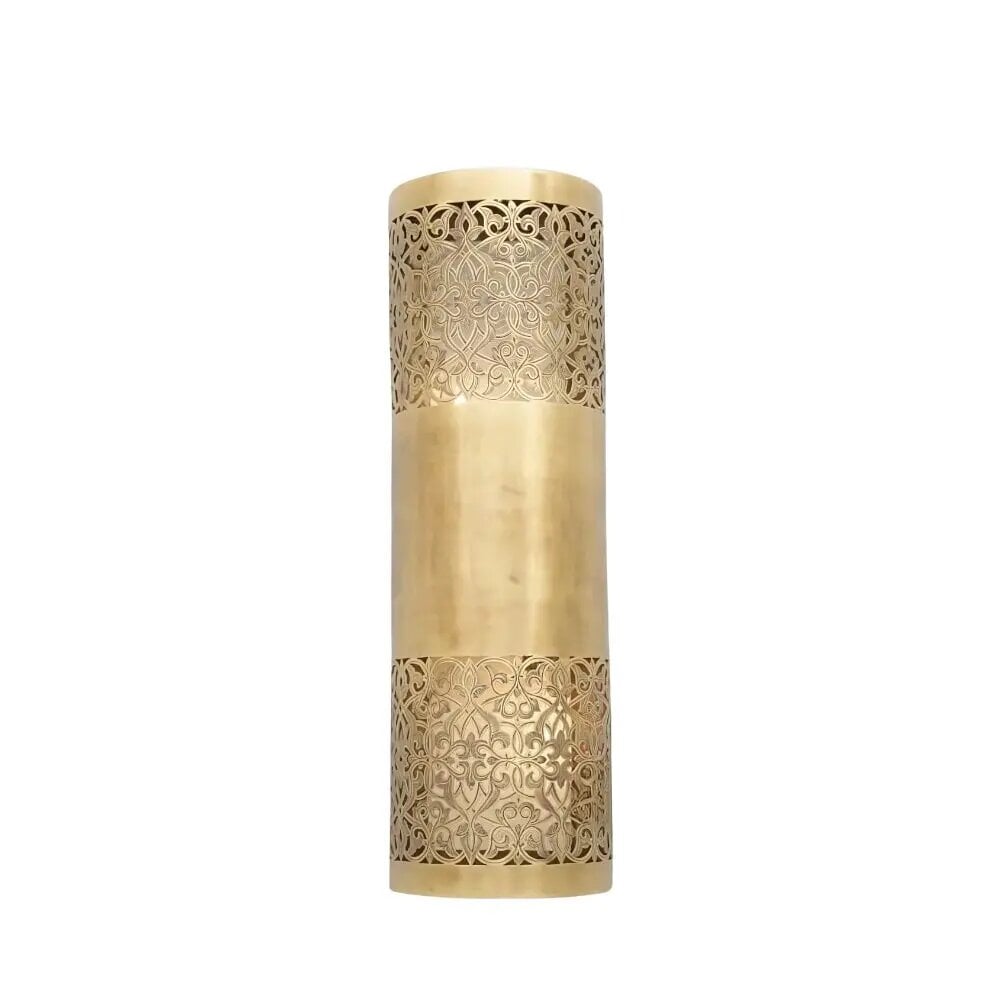 Engraved brass wall lamp cylindrical sconce with ornate filigree patterns in warm gold finish