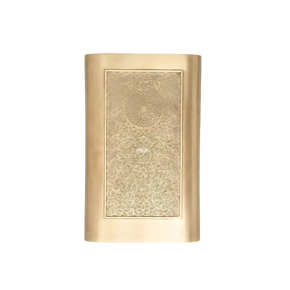 Square brass wall sconce with hand-engraved floral arabesque panel in brushed gold finish, 15.7 inch height