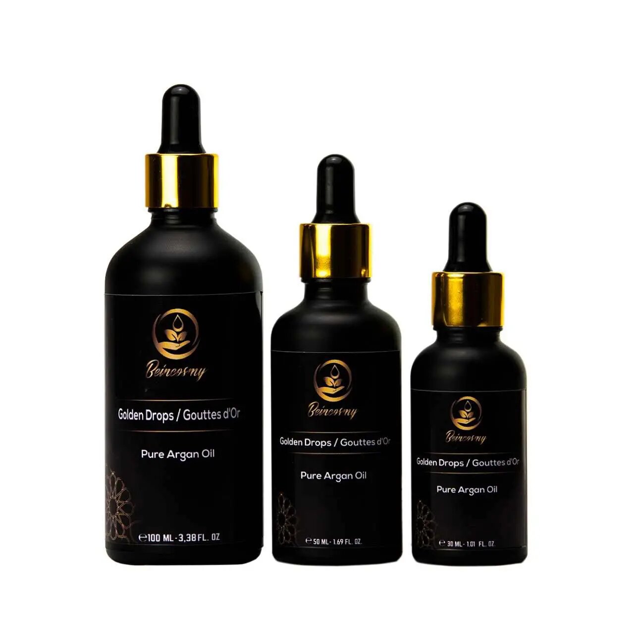 Organic argan oil dropper bottles set in matte black with gold caps - 100ml, 50ml, 30ml sizes pure beauty treatment