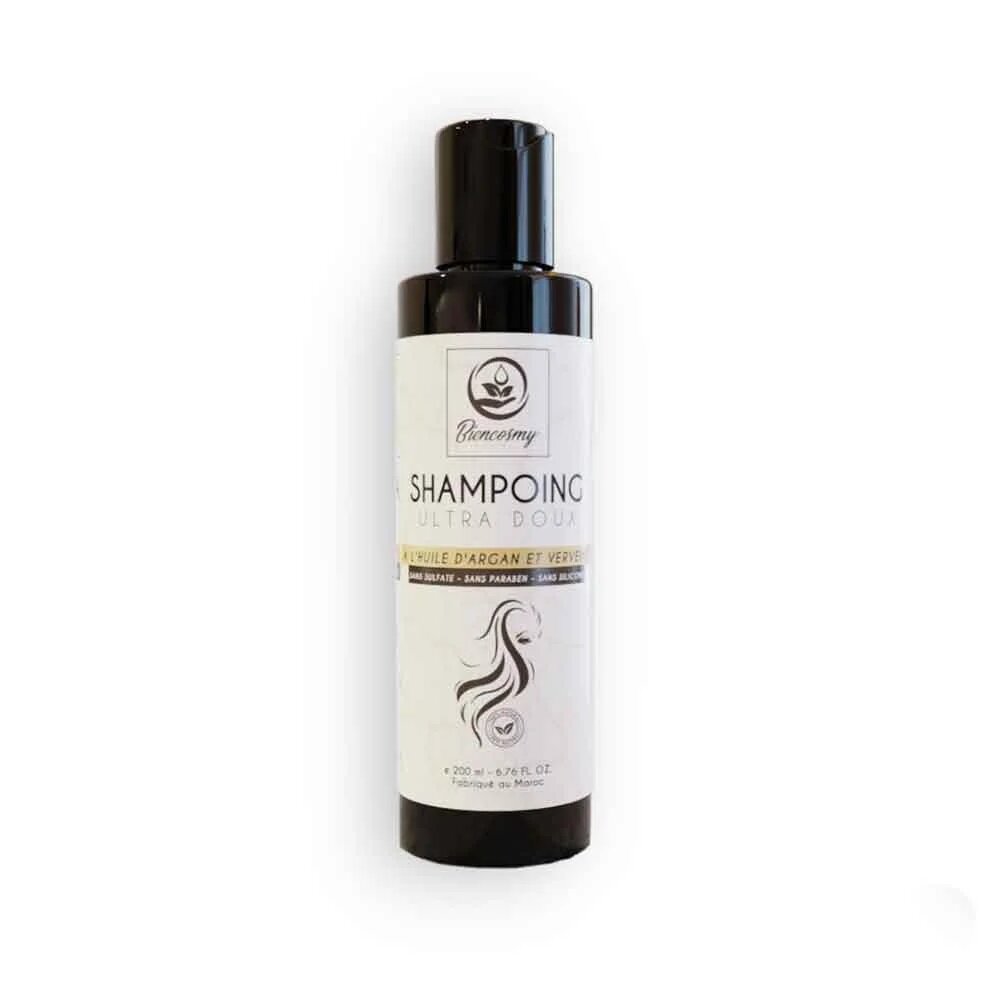 Moroccan argan oil shampoo bottle with black cap, 200ml ultra-gentle sulfate-free formula for hair repair