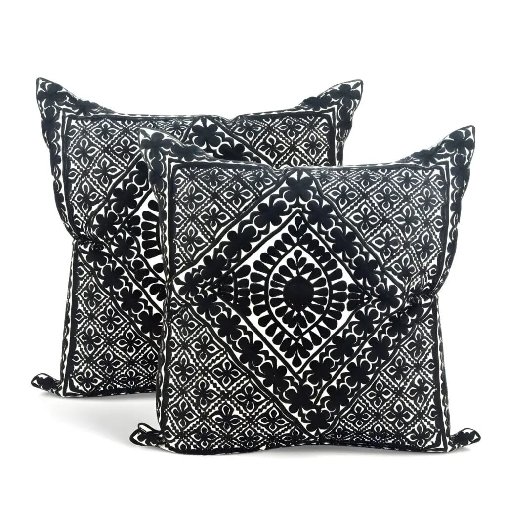 Product photo of black geometric embroidered pillow cover set Product photo of black geometric embroidered pillow cover set