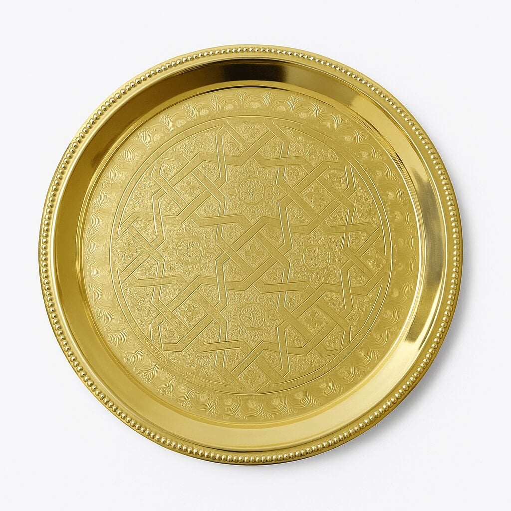 Hand-engraved geometric eight-pointed star pattern on a round brass tray with scalloped borders Hand-engraved geometric eight-pointed star pattern on a round brass tray with scalloped borders