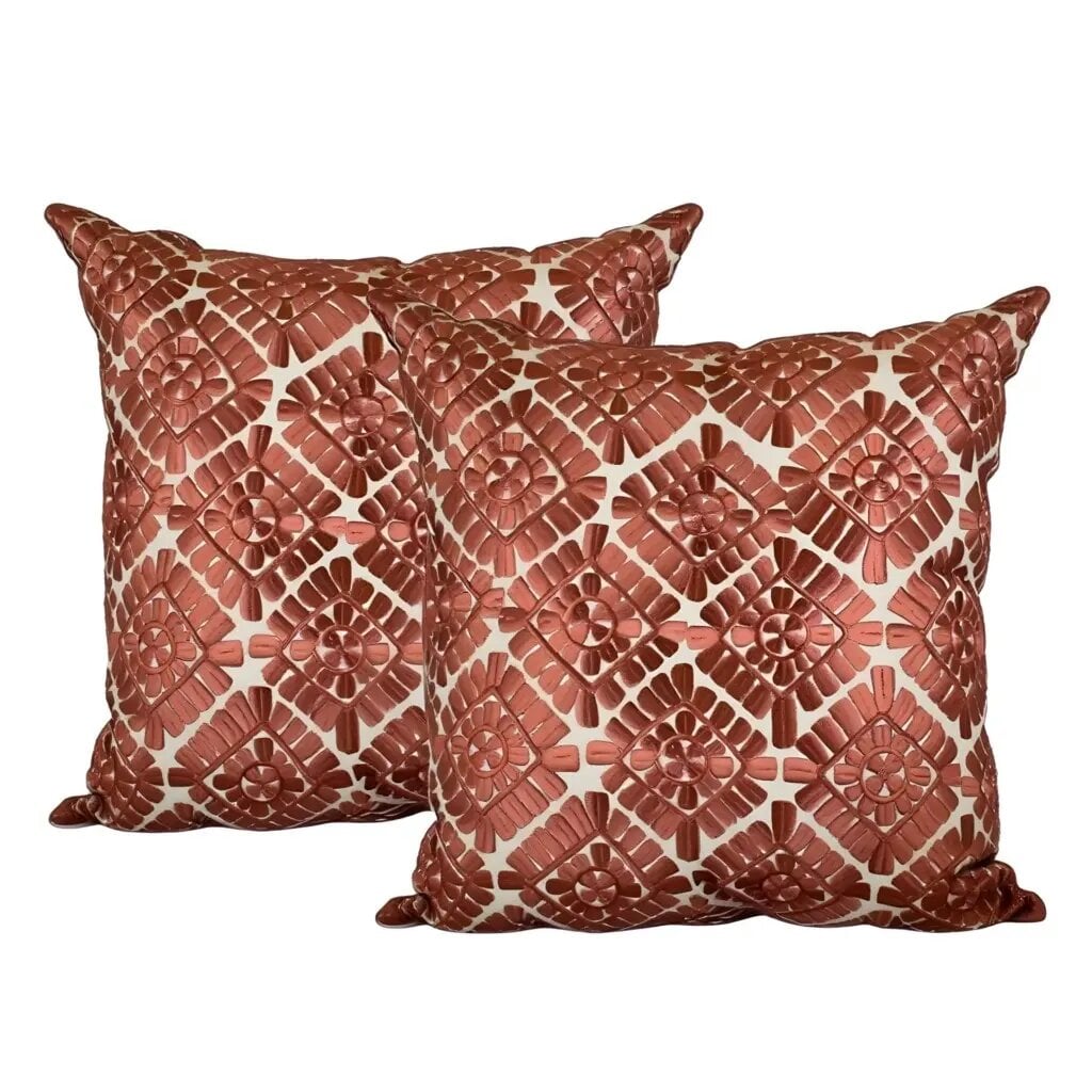 Geometric pillow covers in terracotta with leather appliqué floral pattern, handcrafted cotton set of 2