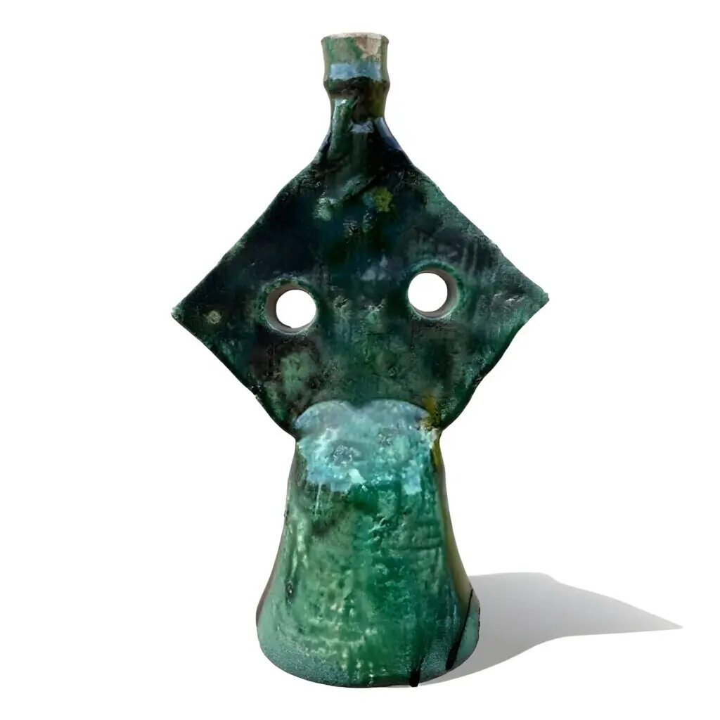 Handcrafted Tamegroute green ceramic candlestick with diamond shape and signature drip glaze, 13 inch tall Handcrafted Tamegroute green ceramic candlestick with diamond shape and signature drip glaze, 13 inch tall
