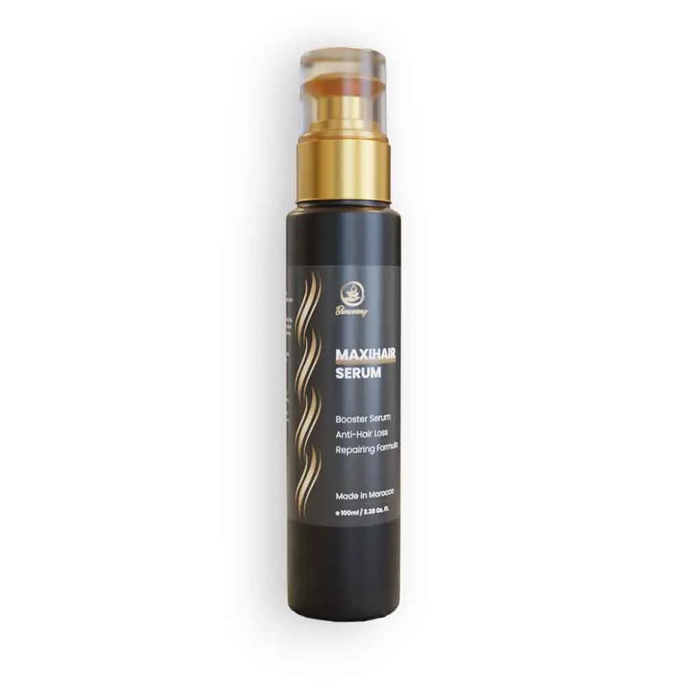 Natural hair growth serum in sleek black 100ml bottle with gold pump dispenser and argan oil formula