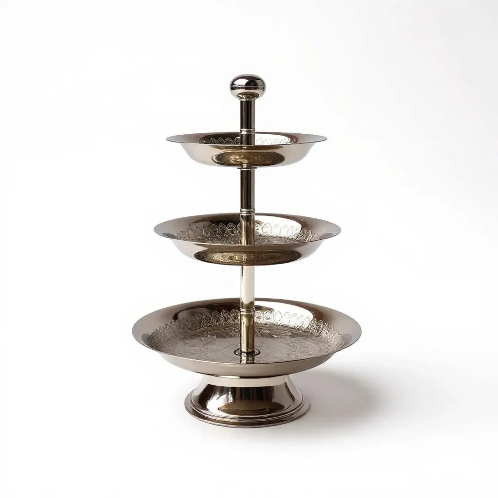 silver-plated 3-tier cake stand with hand-engraved Moroccan geometric brass patterns and mirror finish