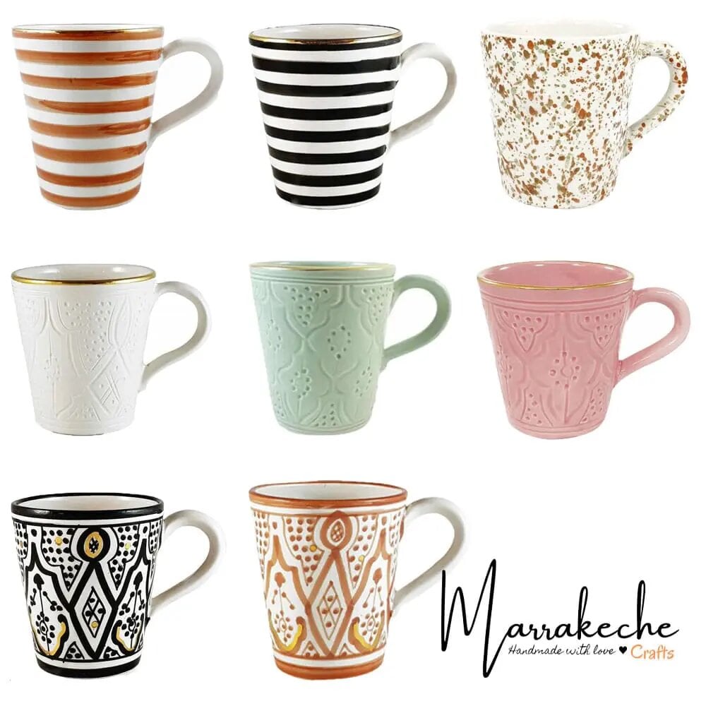 Handmade ceramic mugs with gold band collection in striped, speckled, and embossed patterns - Marrakeche Crafts